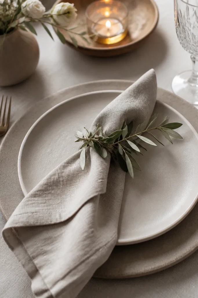 Matte stone-tone chargers in cream and taupe under plates, with a subtle texture; the chargers have a soft, non-gloss finish.