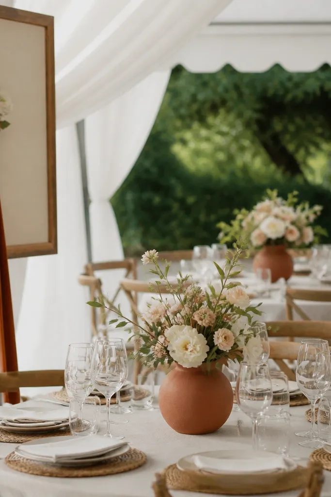 Rust accents appear only in one material type: rust velvet ribbon on a sign and rust ceramic vases on tables; no rust appears as multiple random items.
