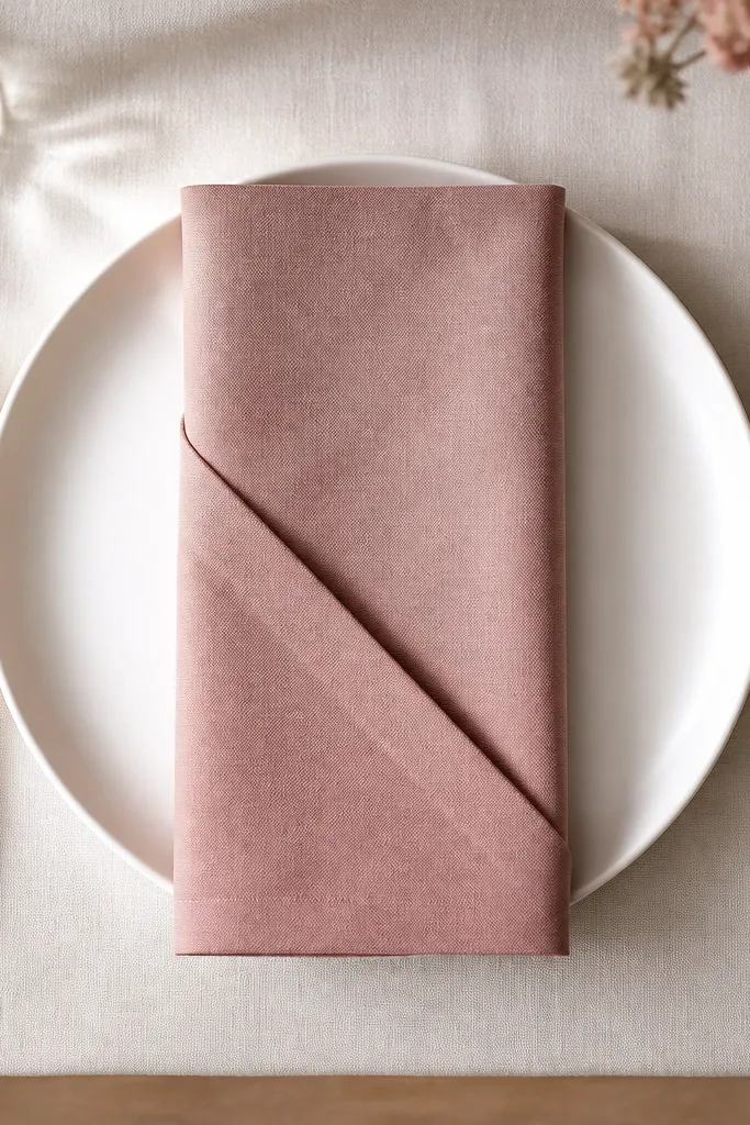 A top-down photo of one place setting: a matte white plate, a single solid-color napkin in dusty rose folded neatly, cutlery aligned, and no extra ribbon or micro-decor on the napkin edge.