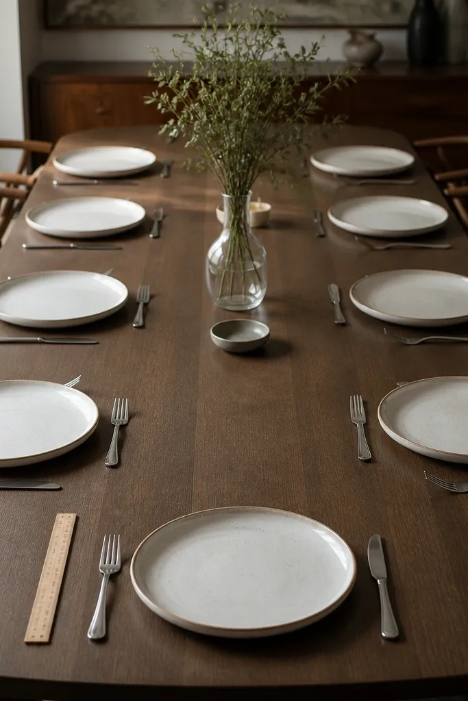 A table with empty plates and cutlery already placed: forks on the left, knives on the right, spacing measured evenly, and a small ruler visible near the first seat to show alignment.