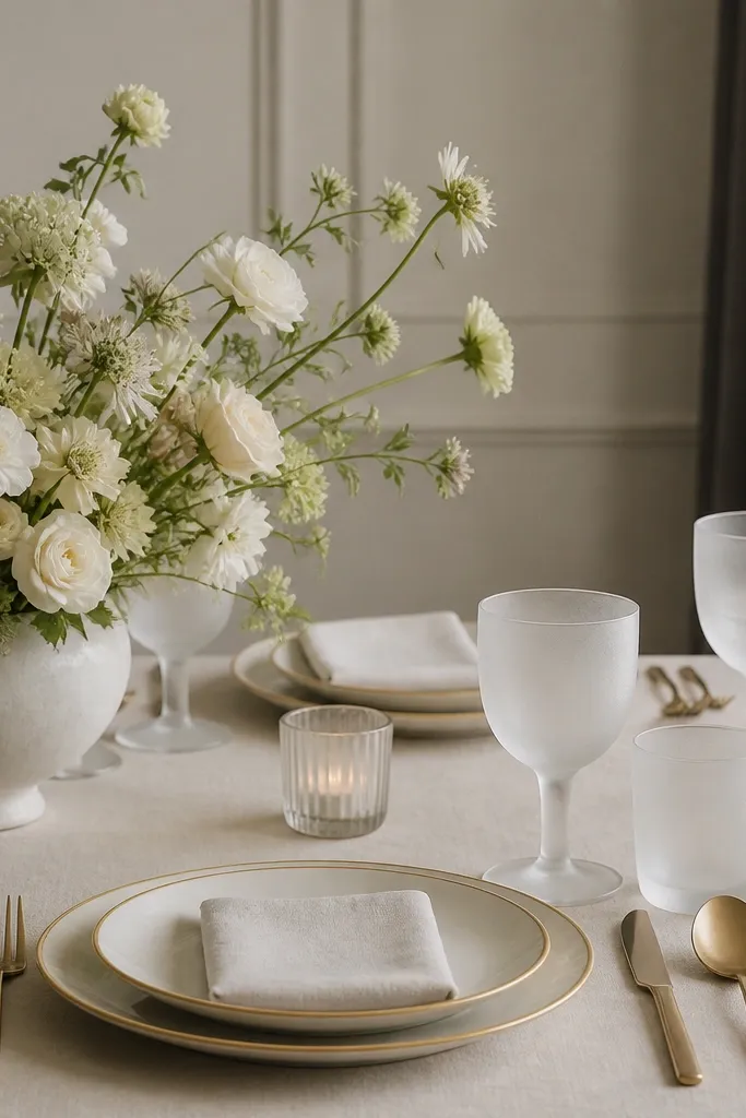 A table photographed in soft light: the glassware has a frosted look, and reflections are minimal; the plates have a subtle gold rim.