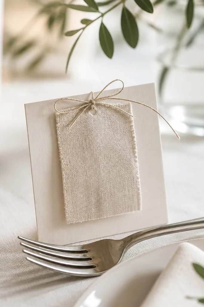 Close-up of place cards tied with thin natural twine to a simple linen tag, sitting upright behind the fork.
