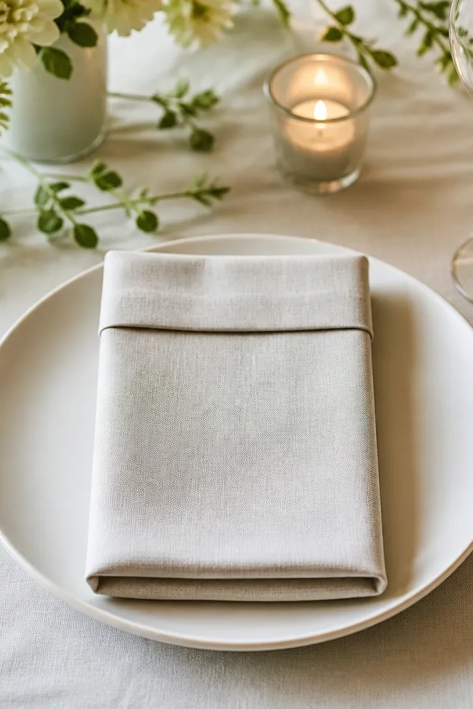 A table setting with linen napkins folded into a rectangle, the top fold edge sitting about an inch above the plate rim.