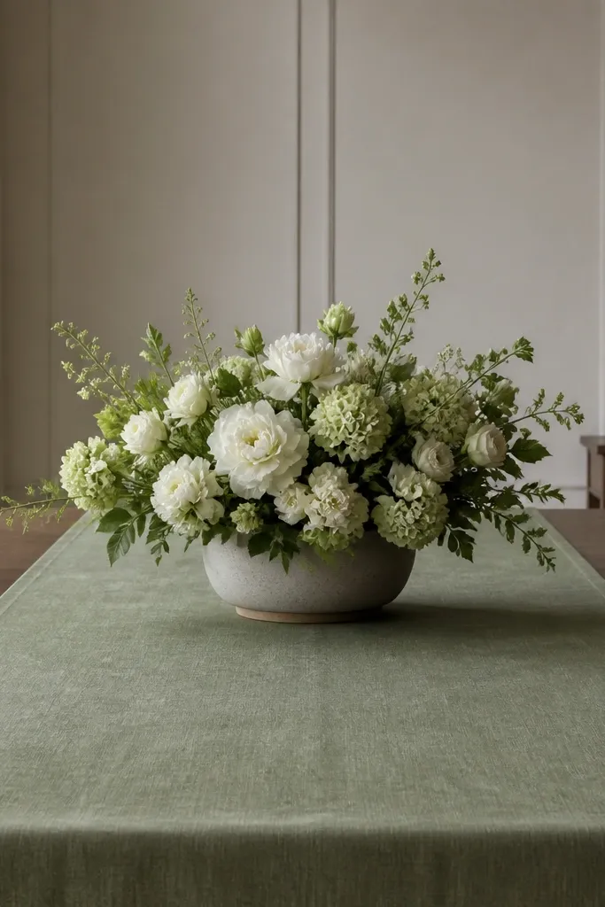 A wide runner on a long table with a centerpiece that matches the runner's visual width; flowers sit centered with equal spacing to both ends.