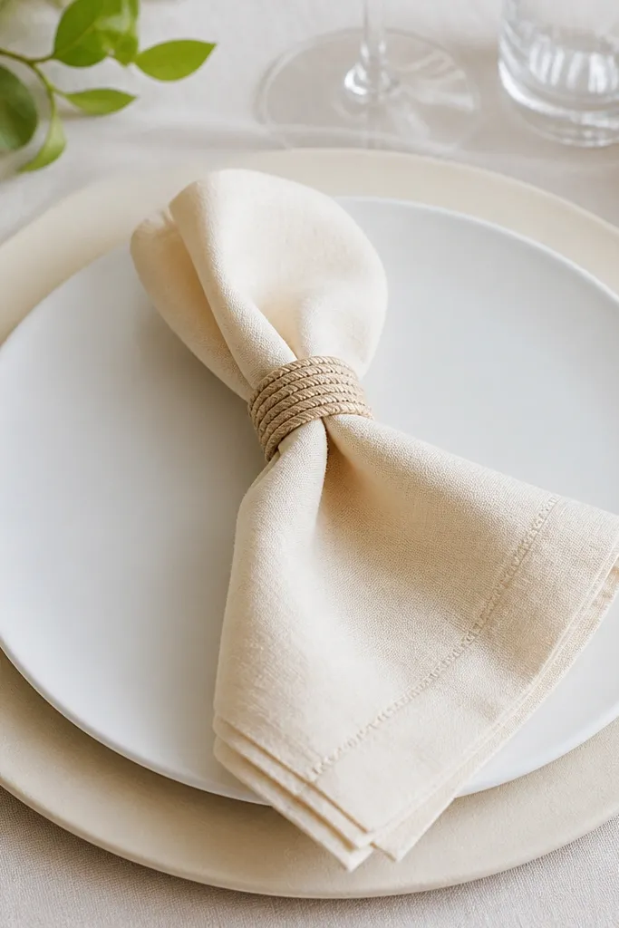 A setting with a cream charger under a white plate, and a napkin in the same cream family; the charger edge is visible and evenly spaced.
