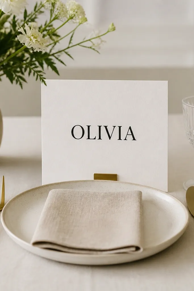 Place cards printed in large type on thick matte paper, placed upright behind the fork; the text is legible in a wide shot.