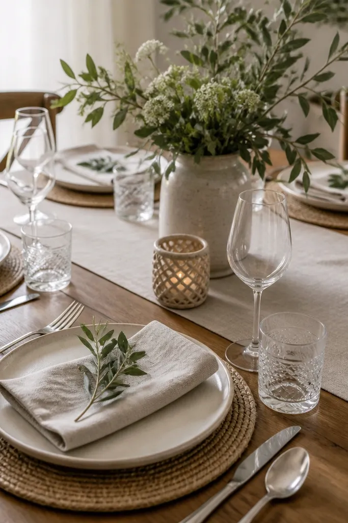 A table with a neutral placemat under each plate and a simple runner across the center, showing one textured layer rather than multiple patterned fabrics.