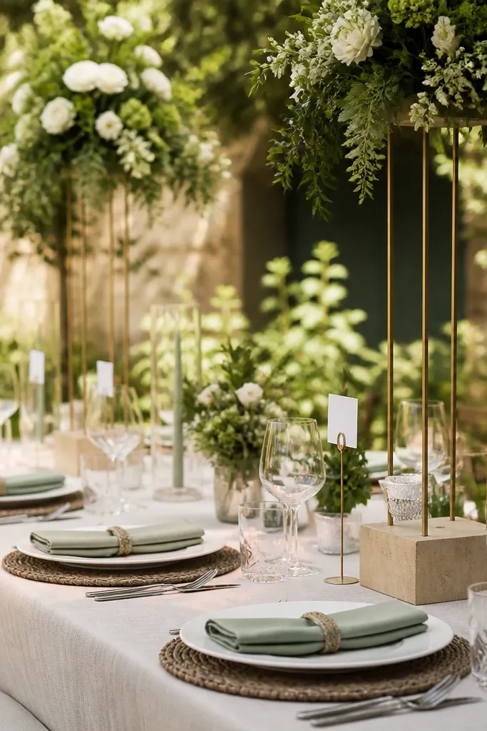 An outdoor table with cloth napkins neatly folded and secured flat; tall decor is placed in weighted bases, and place cards are clipped to stands.