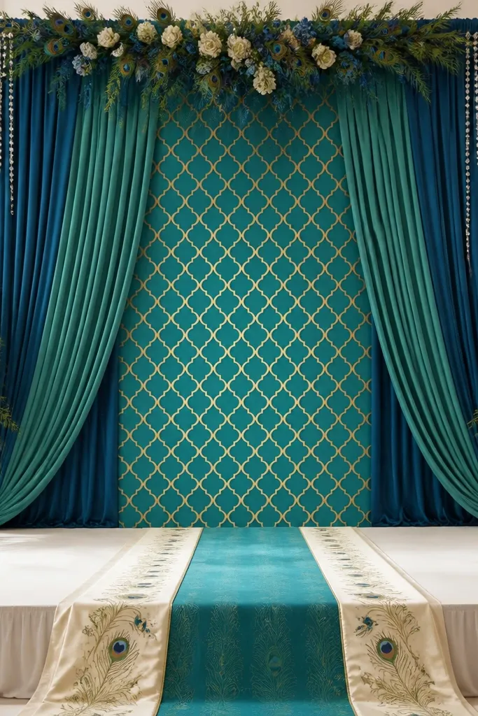 A tall backdrop with a teal net or jaal pattern panel in the center. Teal and peacock blue drapes frame it on both sides, with hanging crystal-like beads in the upper corners. The stage has a peacock-feather-inspired floral swag and a teal-and-cream front runner.
