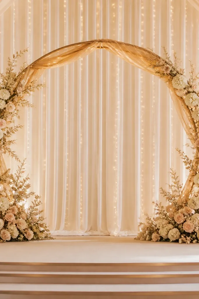 A curved floral arch at the front of the stage shaped like a halo in antique gold tones. The arch is wrapped with gold fabric ribbon and surrounded by cream and peach flowers. Behind it, the main backdrop is a neutral ivory drape with small gold strings of lights.