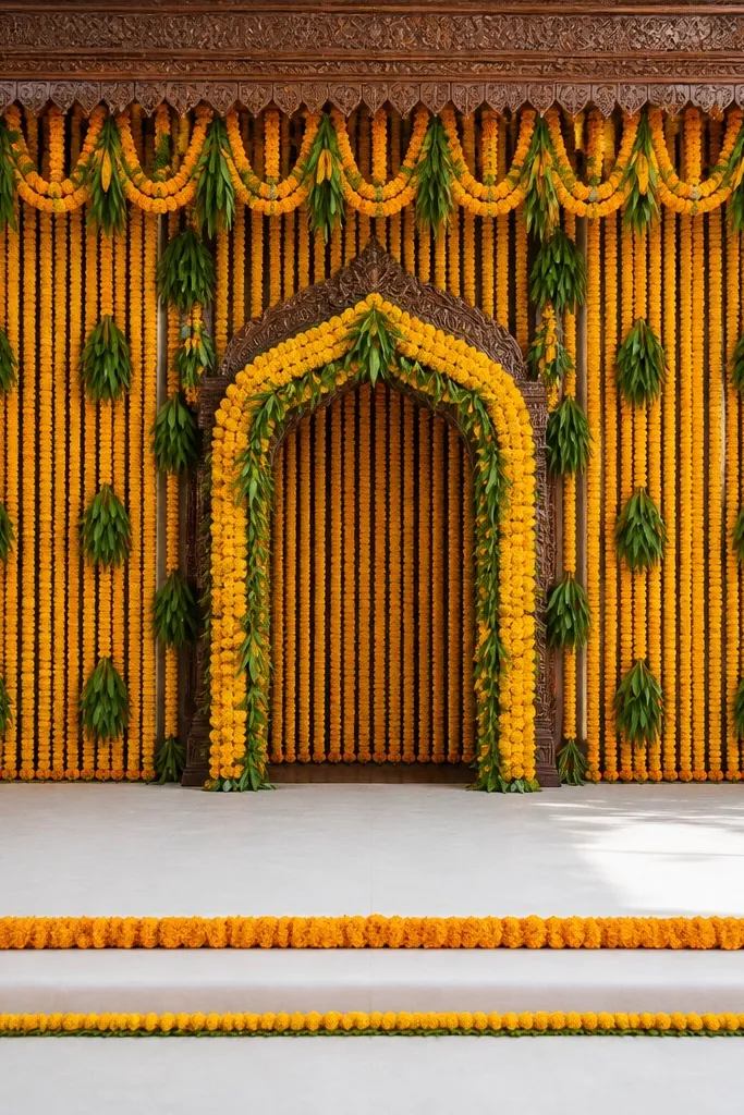 A traditional temple-style stage with dense marigold garlands and fresh mango leaf bunches arranged in a repeating pattern on the backdrop. The center has a small arch with marigold flowers and green leaf details. The stage floor shows a simple marigold border runner.