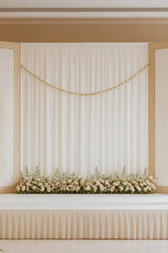 Corner panels on both sides of the stage made from white fabric with gold border trim. Each panel has a subtle embossed motif or silhouette pattern. The center backdrop is a clean ivory drape with a small gold garland and a low front floral line.