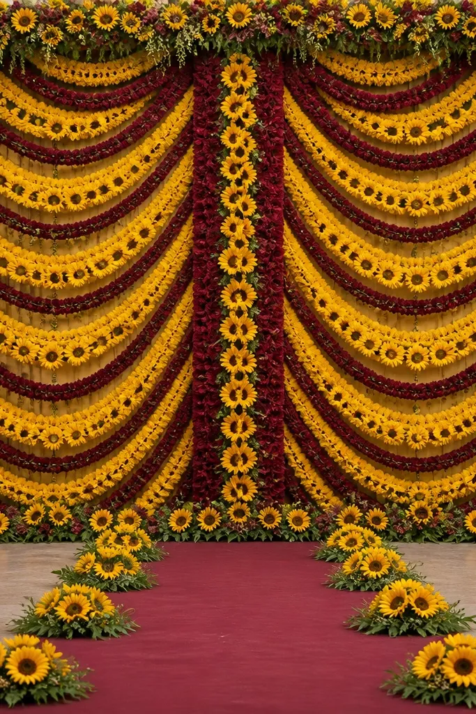 A backdrop filled with overlapping garlands: sunflower heads in bright yellow and maroon flowers arranged in alternating arcs. The center has a vertical maroon-and-sunflower column. The stage floor has a maroon runner with sunflower clusters at intervals.