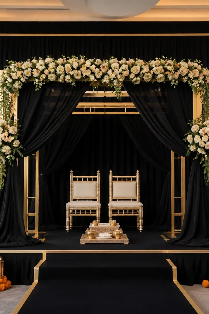 A sleek black draped backdrop with gold metallic lines tracing the borders. Small saffron marigold clusters and a few gold candle holders sit at the front corners. The stage floor has a black runner with a thin gold border and a gold frame behind the mandap.