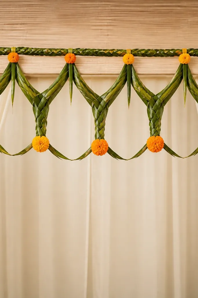 A toran made from coconut leaves arranged in arch shapes, tied with marigold knots. The toran hangs across the top of the stage entrance. Underneath, the backdrop is simple with cream drape and small marigold clusters at the corners.