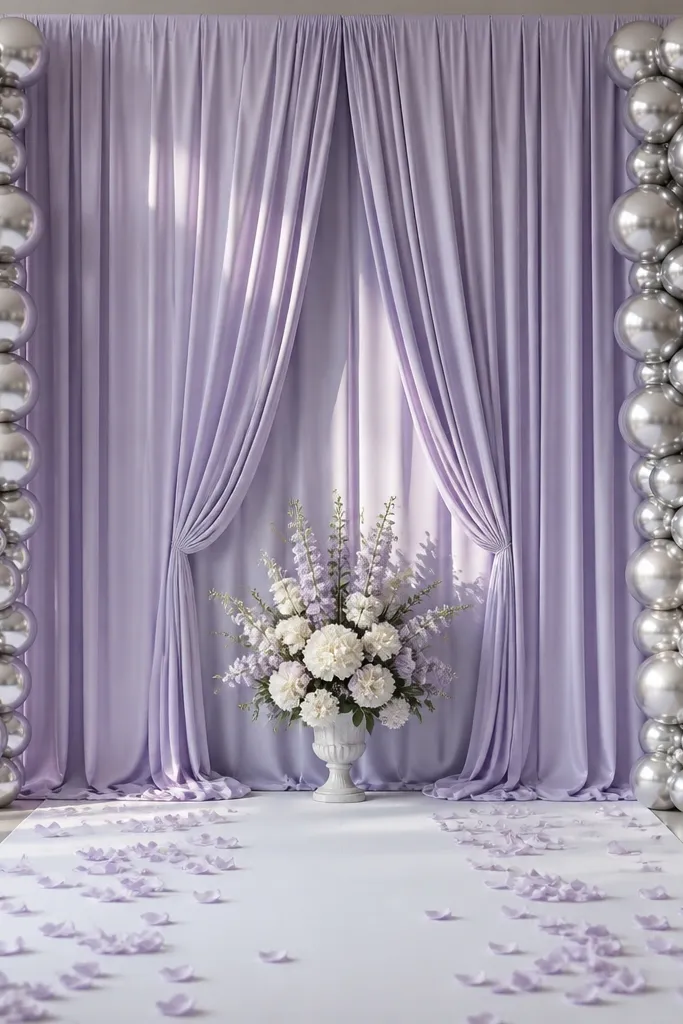 Pastel lavender drapes form the backdrop, with two tall silver balloon columns on the left and right. The center has a small floral arrangement in white and lavender. The stage floor shows a white runner with scattered lavender petals.