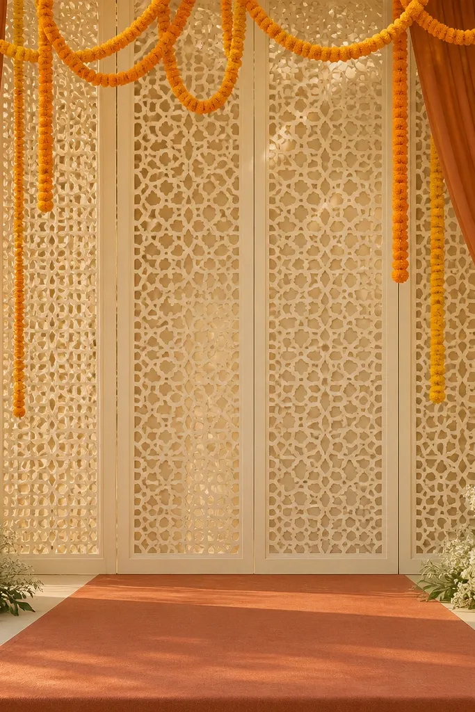 A backdrop made from cream jali-style panels with terracotta drapes on both sides. Hanging marigold garlands drop from the top in loose loops. The stage floor has a terracotta runner and cream floral clusters at the corners.
