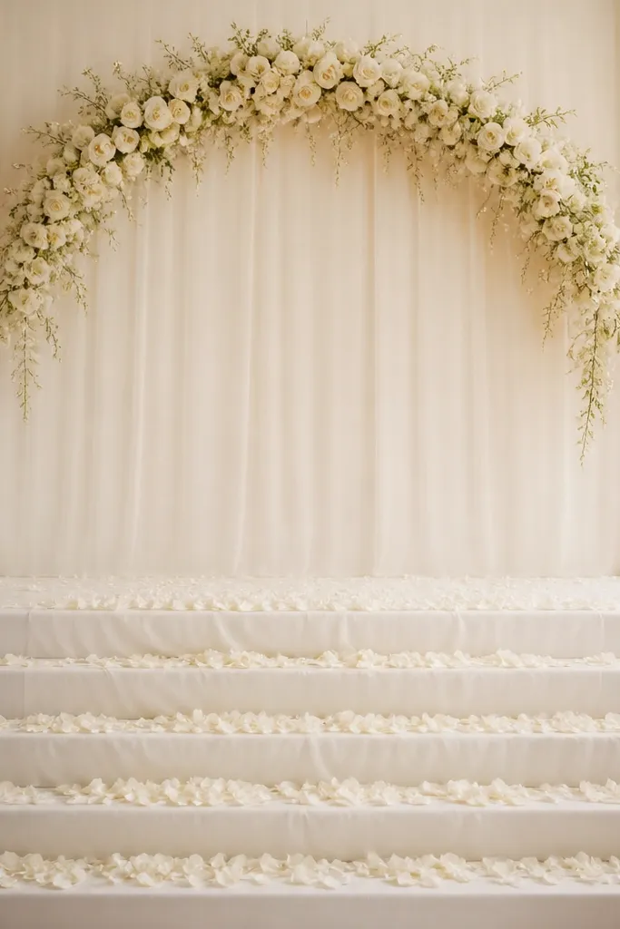 The front of the stage has a stair-step effect using layered fabric steps, covered with white rose petals. A plain ivory backdrop sits behind it with a single floral arch at the top center.