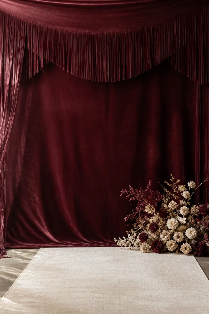 A wine velvet backdrop with fringe trim hanging from the top and sides. The fringe is cut in long vertical strips that move with airflow. The stage has a cream floor runner and a small floral arrangement in wine, cream, and gold.