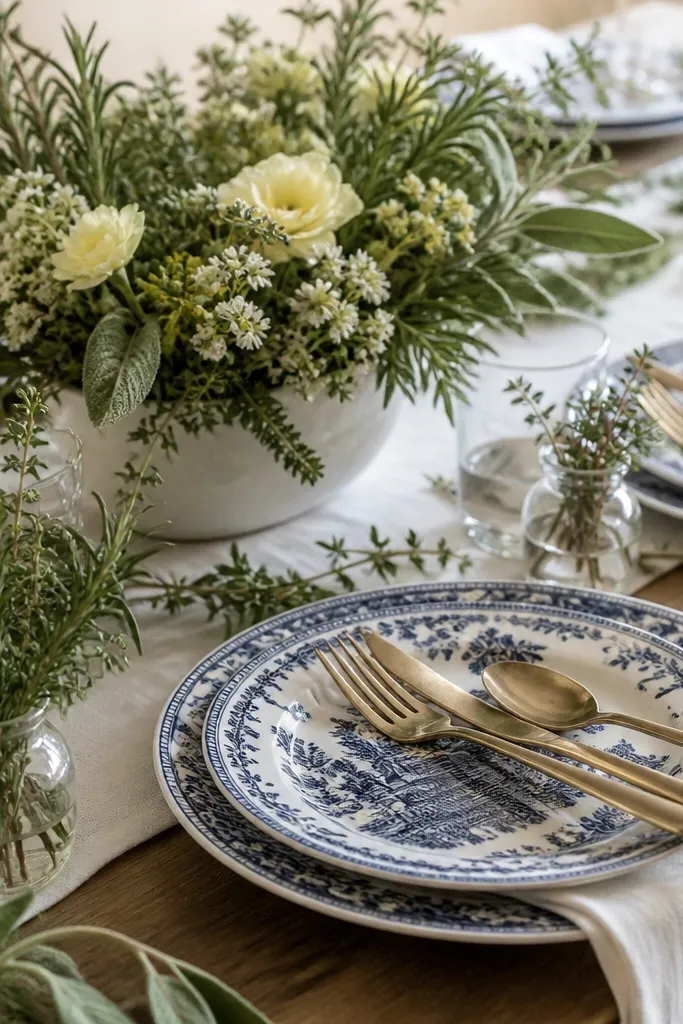 Close-up of place settings: navy transferware plates with delicate blue patterning. Brass forks and spoons sit on top of ivory napkins. Small bud jars with herbs like rosemary and thyme sit near each card. The table centerpiece is a low arrangement of herbs and pale yellow blooms in a white ceramic bowl.