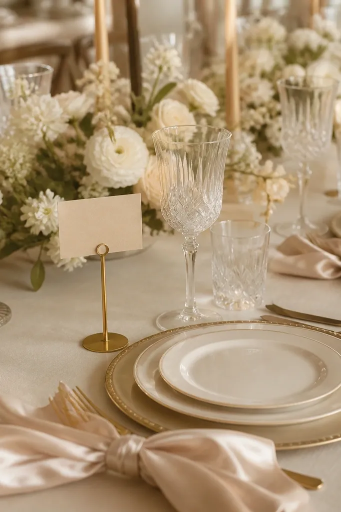 A formal table with cream plates and antique gold taper candles in weighted glass holders. Each napkin is champagne satin tied into a small bow, placed beside a gold-rimmed charger. Place cards sit on a thin gold card stand with a soft warm tone.