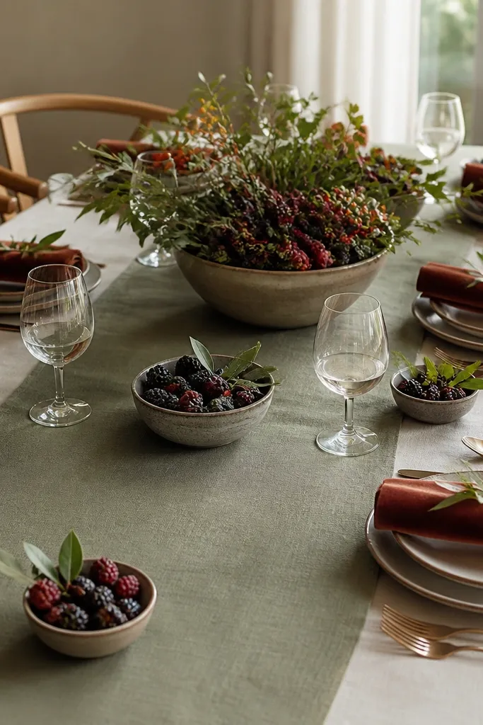 A table dressed in sage linen runner over a neutral base. Napkins are rust velvet folded into a soft roll and stacked at each place setting. Small ceramic bowls filled with berries and greenery sit near each plate, with one larger bowl centerpiece in the middle.