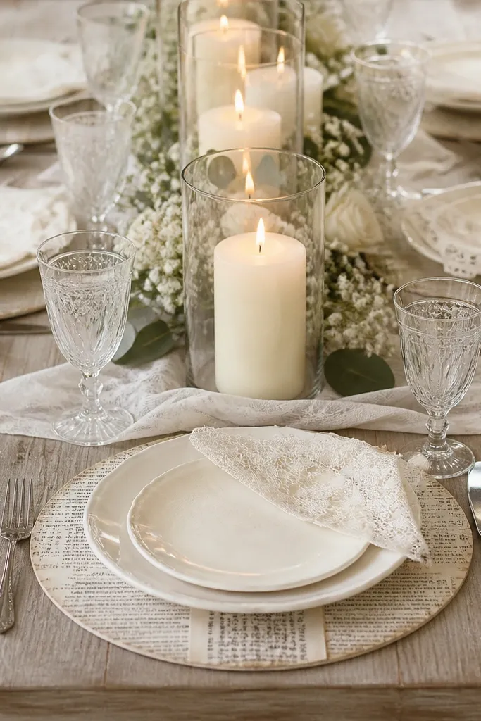 Place settings show chargers made from printed book pages under translucent lace overlays. Ivory dinner plates sit on top, with lace doilies folded at the corners. Tall ivory candles in hurricane glasses line the center.