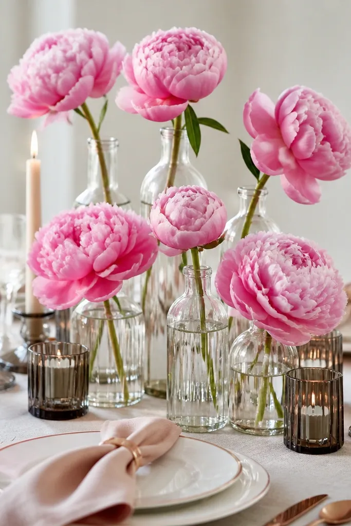A centerpiece of rose-pink peonies arranged in clear glass bottles of different heights. Around them are smoked glass votive holders with taper candles. Place settings include blush napkins and simple white plates with a thin rose-gold ring around the rim.