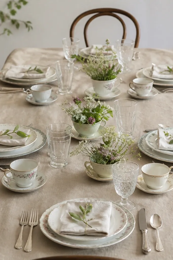 Each place setting has a small porcelain tea cup and matching saucer placed near the main plate. Tea cup handles face outward. Tiny sprig clusters sit in the middle of the table in mismatched vintage cups and saucers.