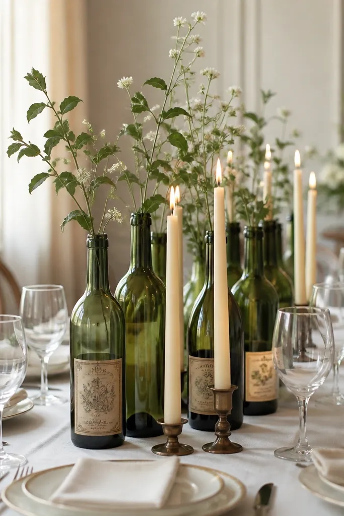 Center table has grouped green glass bottles with antique-style labels. Cream taper candles sit in between bottles in small candle holders. Place settings include cream napkins and simple plates with subtle gold edges.