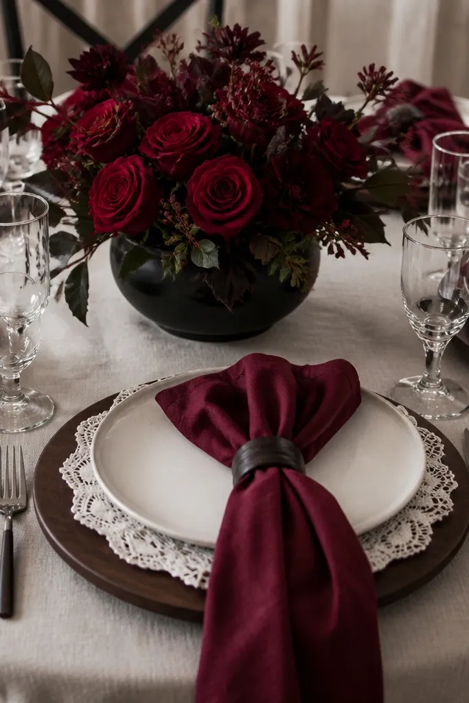 Dark walnut wood chargers under white plates. White lace doilies peek out around the plate edges. Burgundy napkins and a low centerpiece of burgundy roses and dark greenery in a black ceramic bowl.