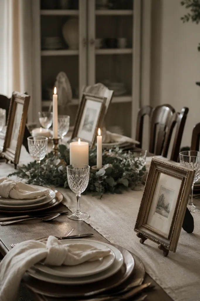 A vintage linen runner in oatmeal tone across the table. Antique picture frames in different sizes stand on small easels between place settings. The centerpiece is minimal: one low wreath and a few candles.