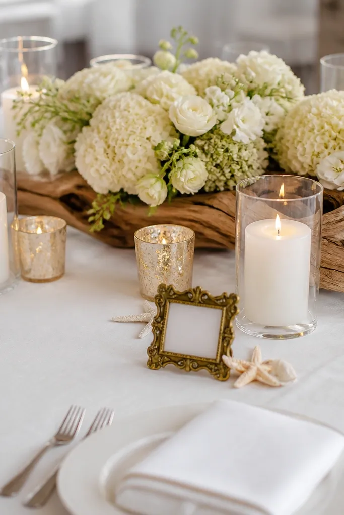 A seashell-white tablecloth with antique brass picture frames holding place cards. Small starfish ornaments or tiny shell clusters sit by each card. The centerpiece has white candles in glass and a low arrangement of driftwood and white blooms.