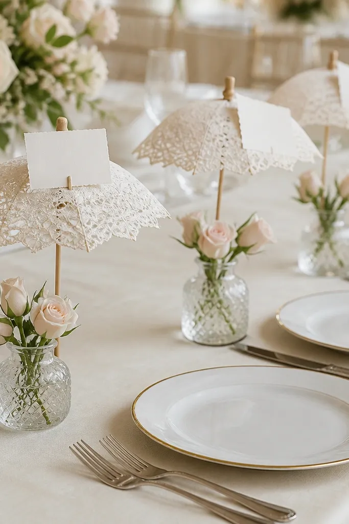 Small lace parasol decorations are used as place card holders, each holding a card with the guest name. Mini rose bud jars sit in front of each parasol. The table has cream linens and simple white plates with a thin antique gold border.