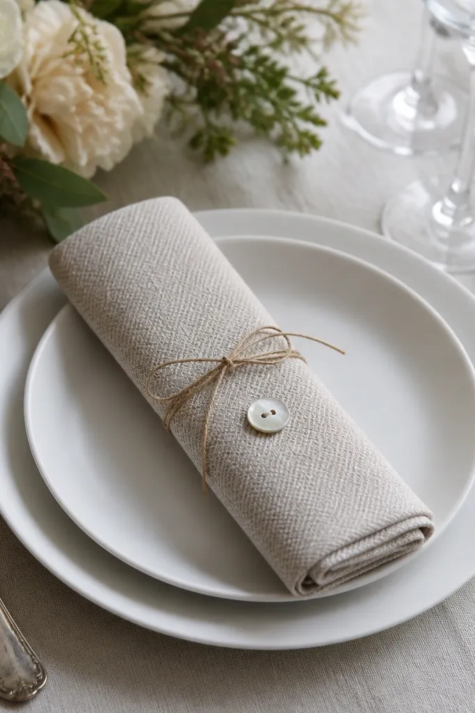 Herringbone textured linen napkins folded into a narrow band and tied with twine. Each setting has a small antique mother-of-pearl button pinned near the napkin fold. The plates are plain white with antique silver cutlery.