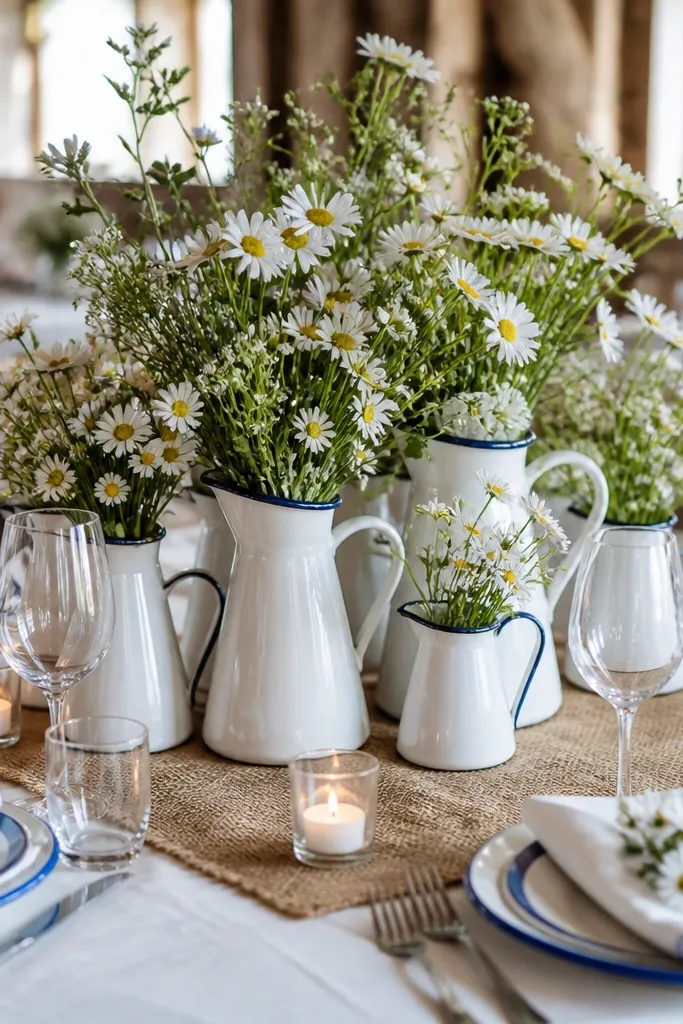 White enamel pitchers with blue rims hold daisy-like flowers and greenery. Place settings have blue-rimmed accents on plates and napkins folded in white. The centerpiece is a cluster of enamel pitchers on a burlap-linen base with small tealight candles.