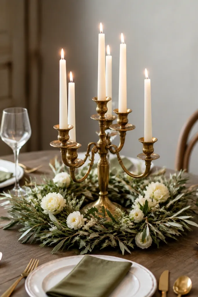 A candelabra made from antique brass holds multiple candles. A ring of olive branches and cream flowers wraps around the base. Place settings have olive napkins folded with a simple fold and white plates with antique gold cutlery.