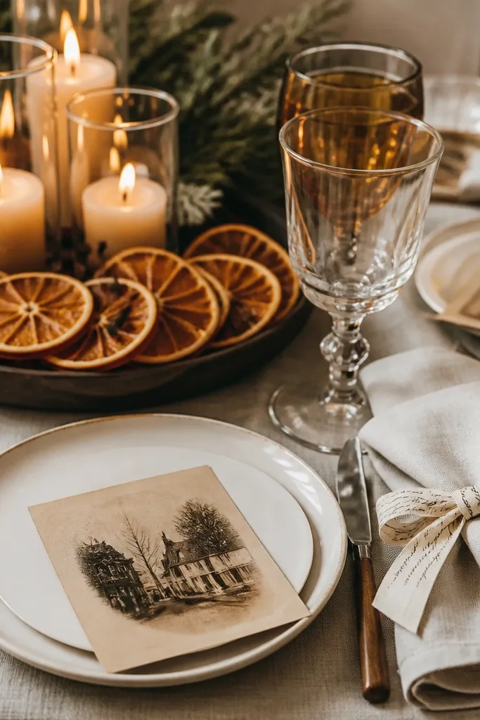 Place cards are printed on sepia-toned paper with small vintage photos. Napkins are tied with small strips of ribbon that look like vintage script. The centerpiece has clove-scented candles in clear glass holders and a low tray of dried orange slices.