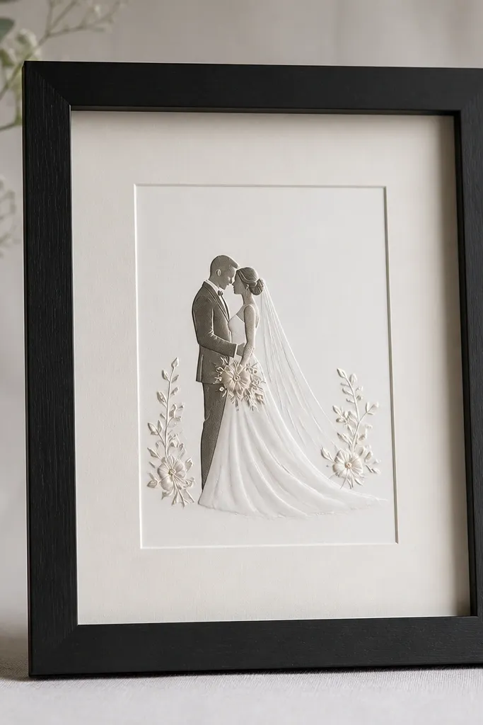 A black matte wood frame holding a wedding card with glossy script; the glass has no visible glare streaks, and the card edges look sharp against the matte background.