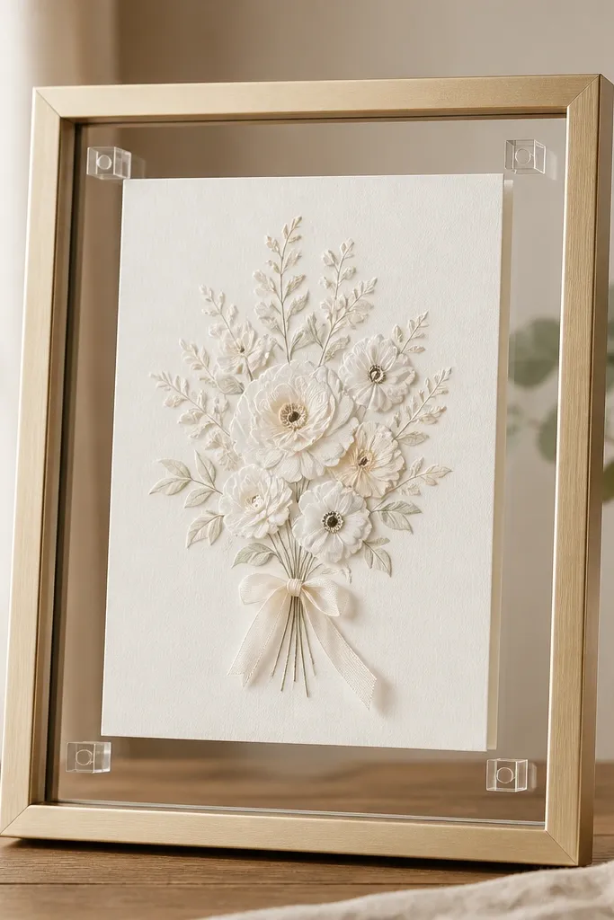 A wedding card mounted inside a frame with visible clear acrylic spacer blocks behind the card, creating a floating gap from the glass.