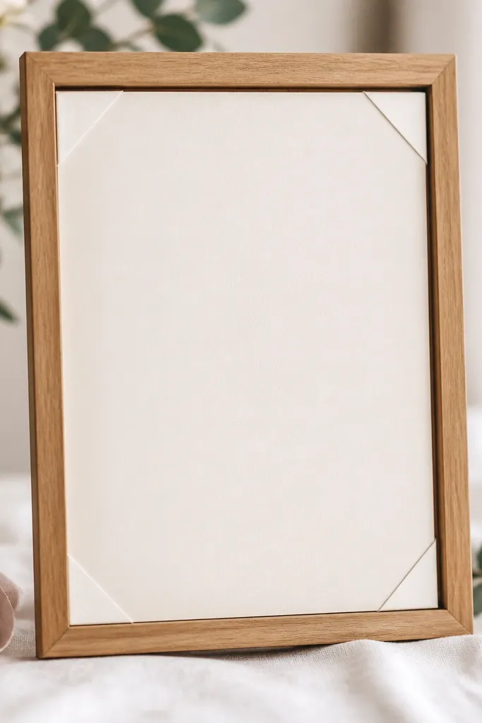 The back of a wedding card inside a frame showing small tape tabs only at the corners, leaving the center flat and undisturbed.