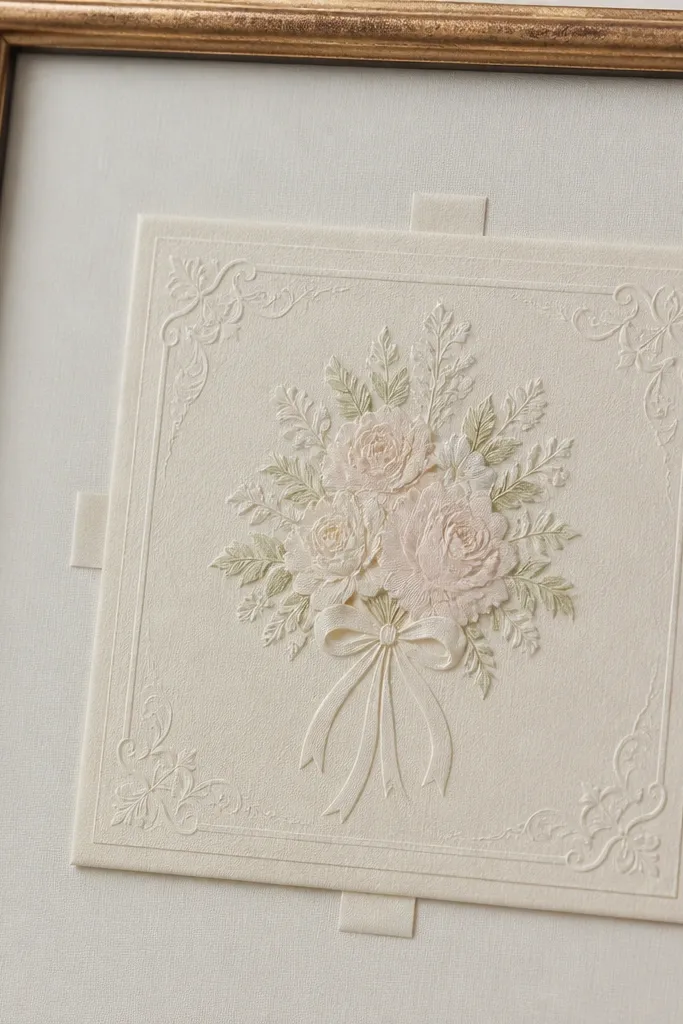 A close-up of a framed wedding card with acid-free foam board backing and small archival tape squares at the card edges.
