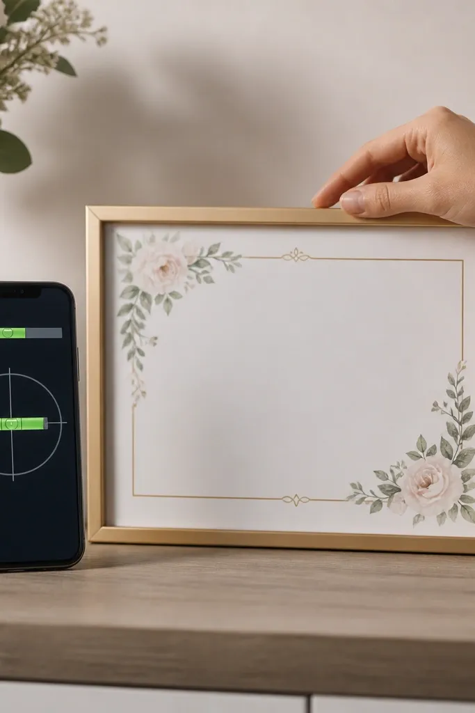 A phone screen showing an inclinometer app beside a wedding card frame being adjusted so the top edge is perfectly level.
