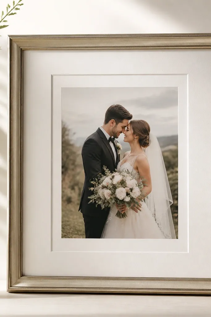 A framed wedding card with a subtle matte-finish glare reduction film on the inside of the glass; reflections are softened compared to a glossy panel.