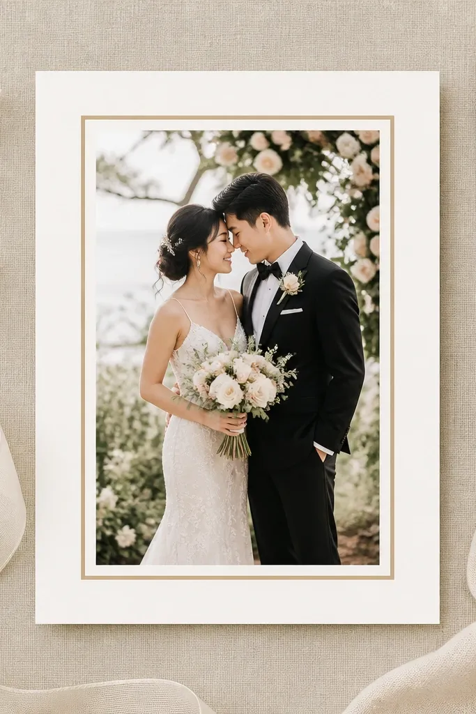 A wedding card frame where the mat border width visually matches the thickness of the printed border on the card, creating a coordinated look.