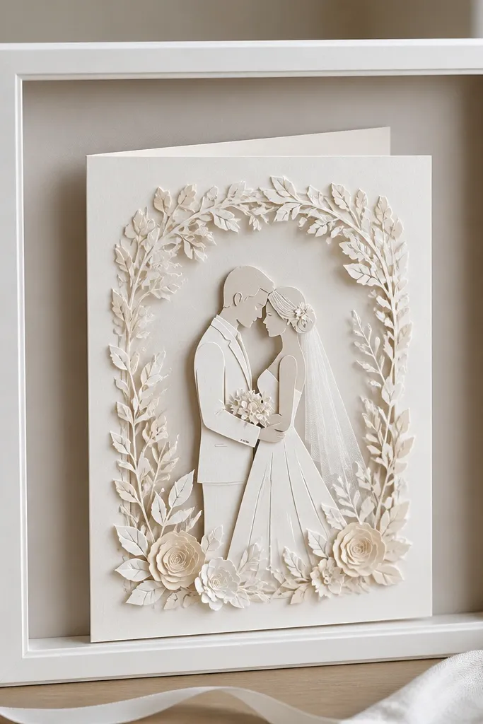 A shadow-box style wedding card frame with depth showing a folded card slightly angled; the fold casts a soft shadow.