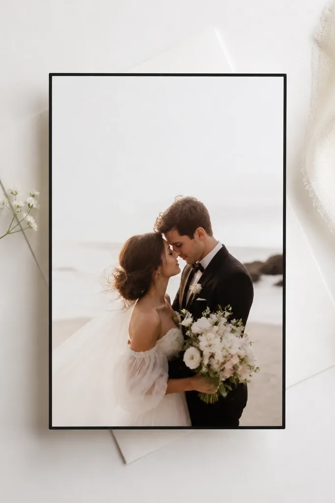 A thin black mat around a wedding card with lots of white space; the mat border is narrow and crisp, giving a modern look.