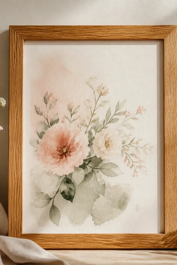 A warm oak frame with a honey tone; inside is a watercolor wedding card with soft blush and sage washes on cream paper.