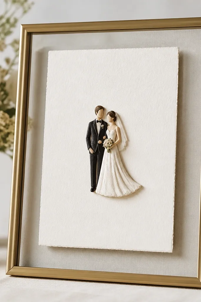 A wedding card frame where a thick cardstock card with a small 3D sticker is mounted with extra clearance so it doesn't press against the glass.