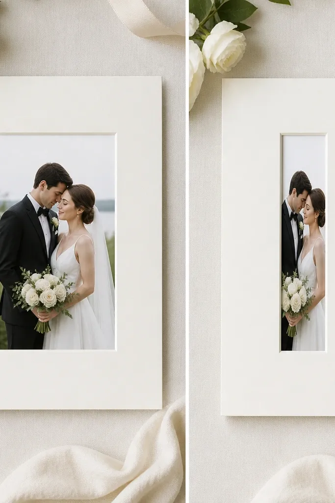 Two wedding card frames side-by-side: one where the card is properly centered in a correctly proportioned opening, and one where the card looks squeezed due to a mismatched aspect ratio.